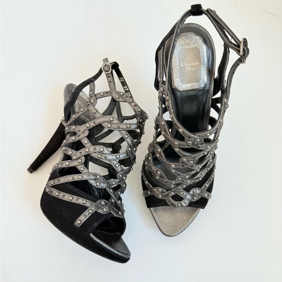 Christian Dior Black Grey Gunmetal Suede Leather Caged Runway 2009 Sandals EU37 - Picture 1 of 15